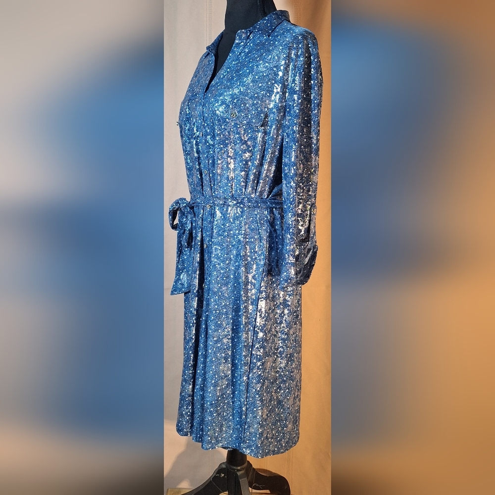 EMILY DANIELS Blue Denim Color Midi Dress with Lacy Silver Overlay - Picture 3 of 10